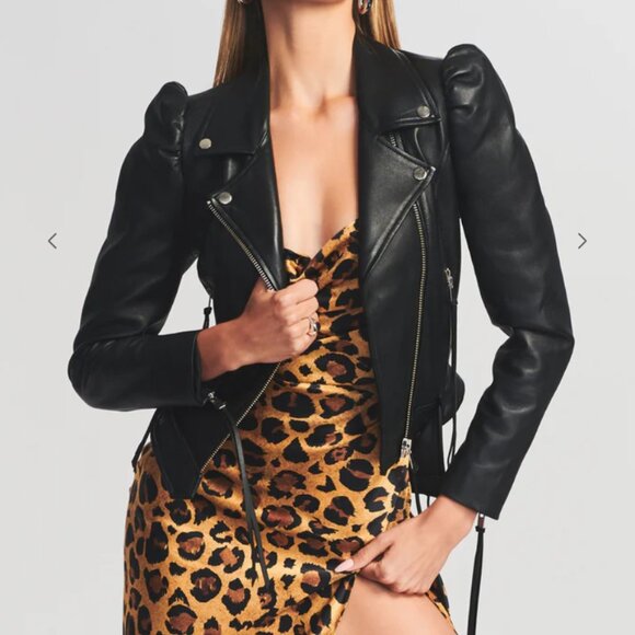 NWT Retrofête Tai Leather Jacket Black/Silver Puff Sleeve XS - Picture 1 of 13